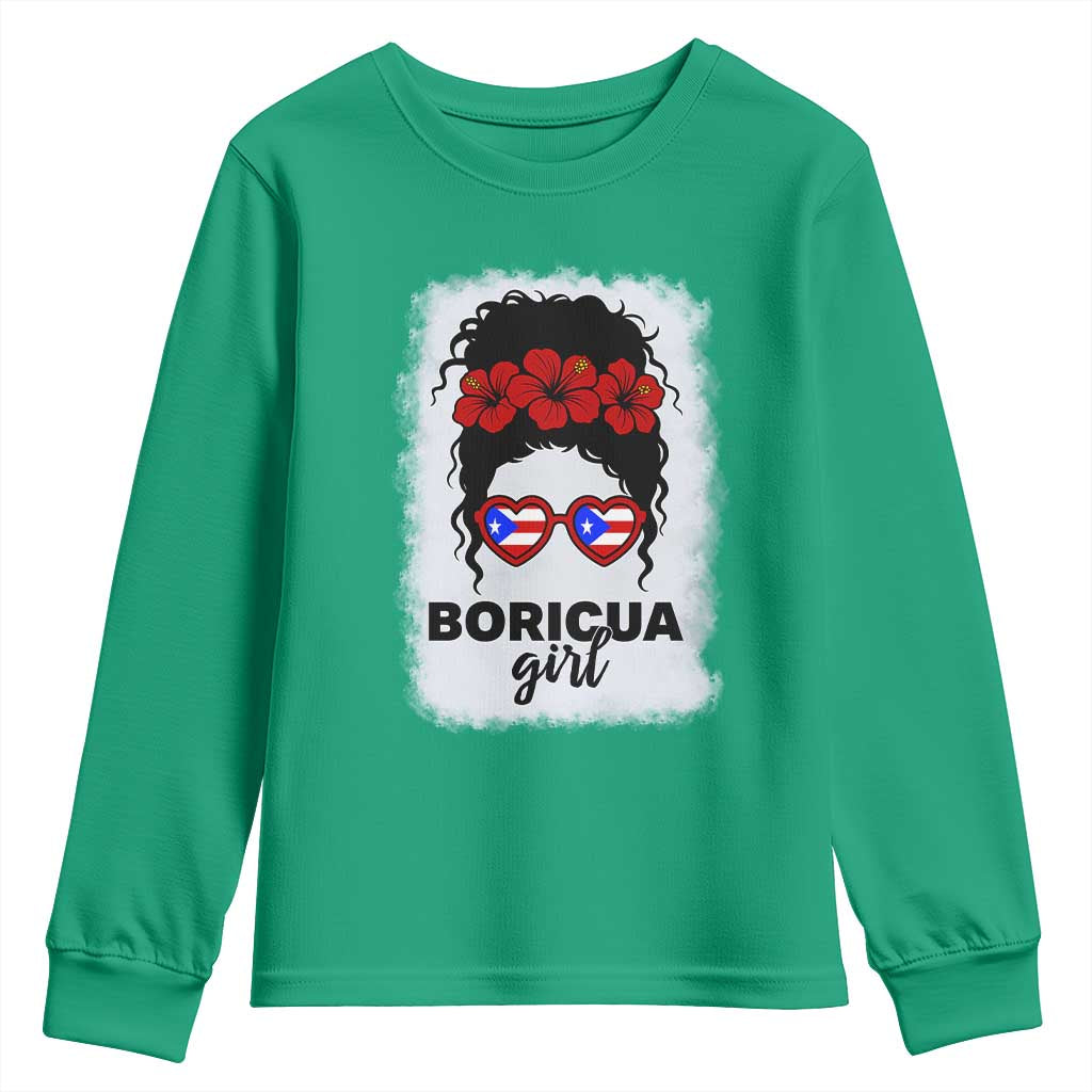 Boricua Girl Youth Sweatshirt Messy Bun Puerto Rican Flag Hibiscus Flower - Wonder Print Shop
