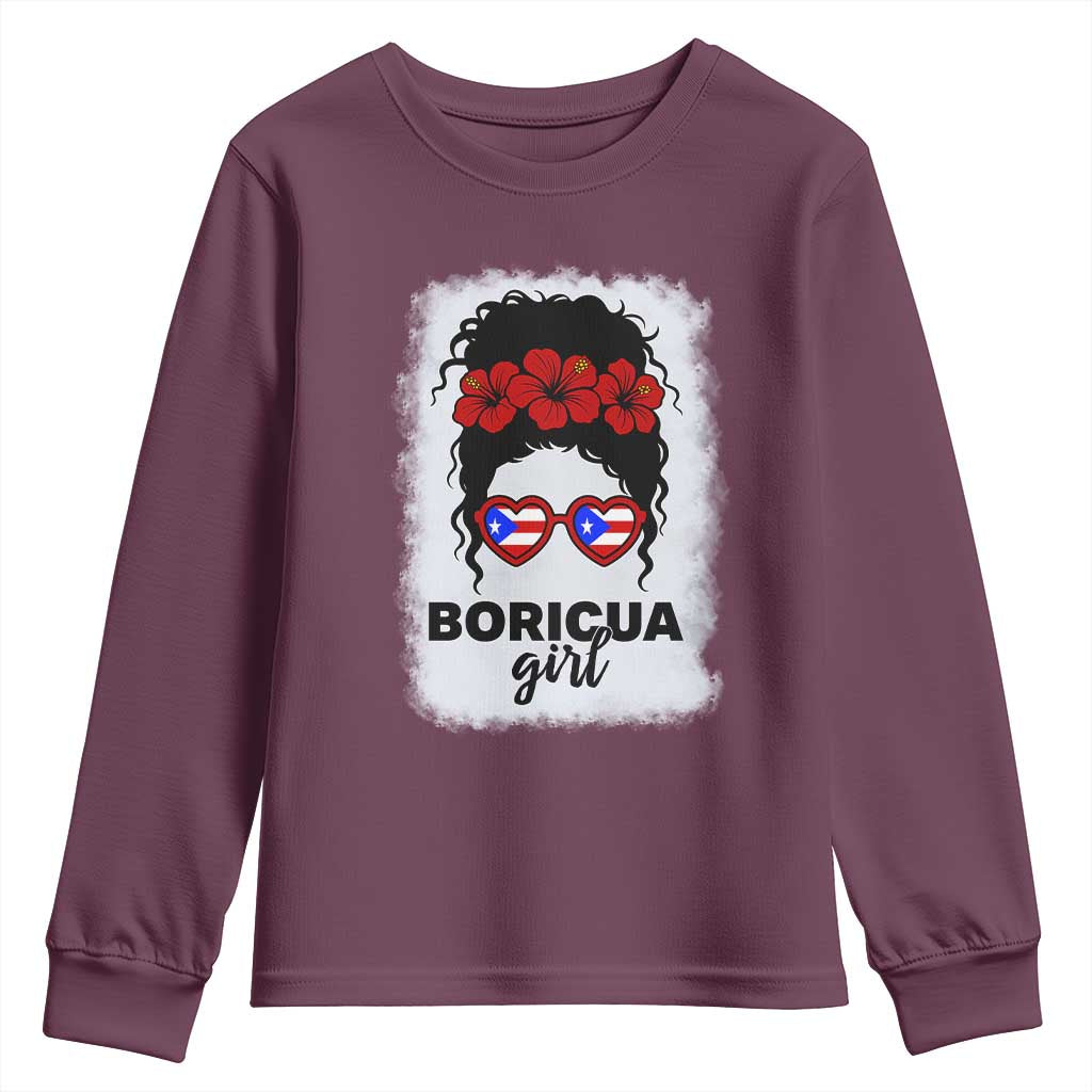 Boricua Girl Youth Sweatshirt Messy Bun Puerto Rican Flag Hibiscus Flower - Wonder Print Shop