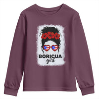 Boricua Girl Youth Sweatshirt Messy Bun Puerto Rican Flag Hibiscus Flower - Wonder Print Shop