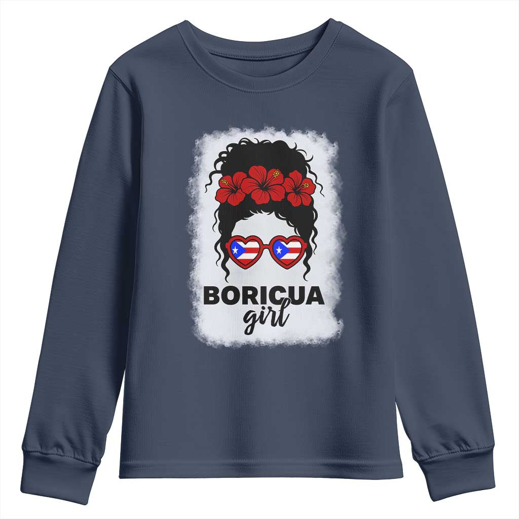 Boricua Girl Youth Sweatshirt Messy Bun Puerto Rican Flag Hibiscus Flower - Wonder Print Shop