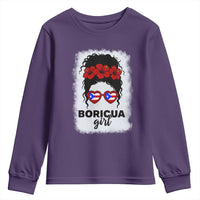 Boricua Girl Youth Sweatshirt Messy Bun Puerto Rican Flag Hibiscus Flower - Wonder Print Shop