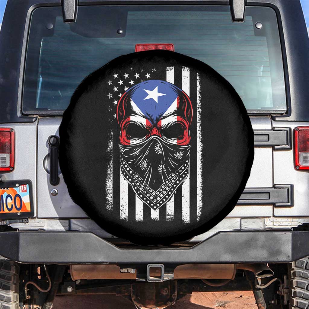 Skull Puerto Rican American Flag Spare Tire Cover With Bandana