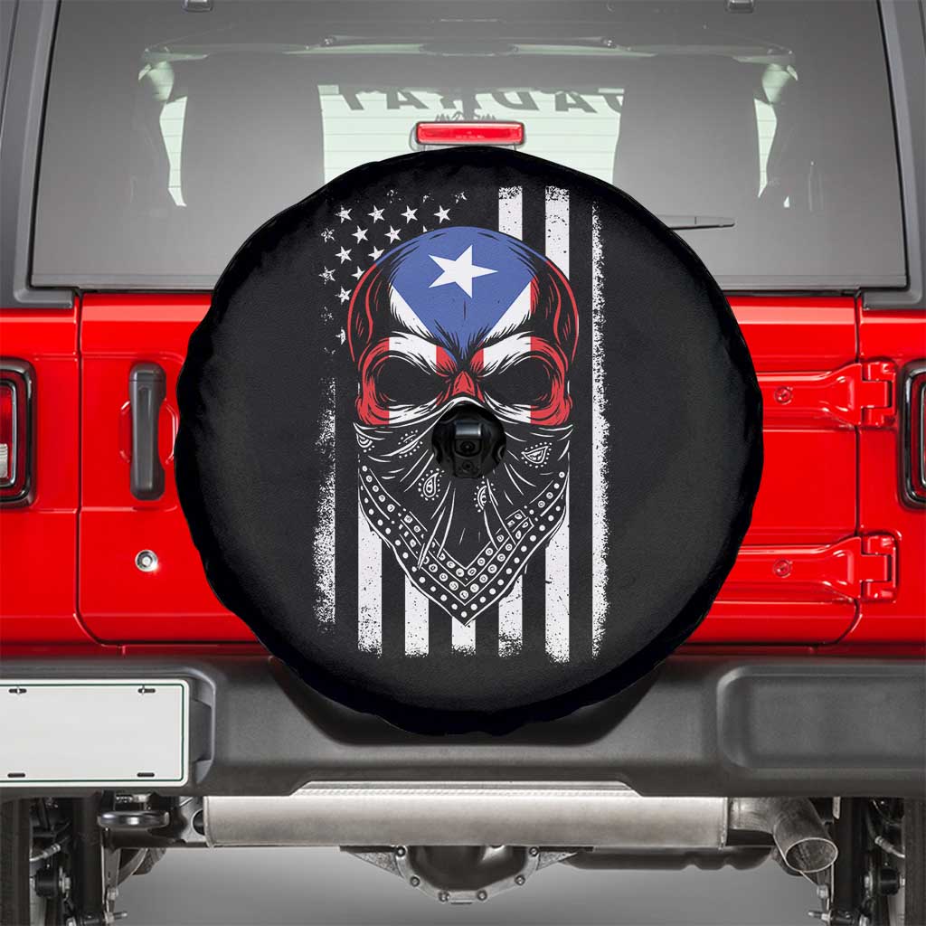 Skull Puerto Rican American Flag Spare Tire Cover With Bandana
