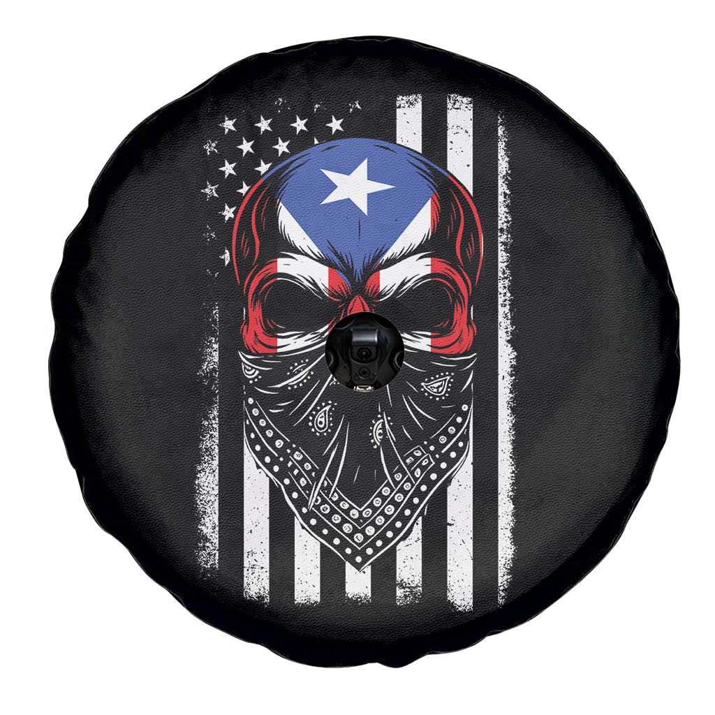 Skull Puerto Rican American Flag Spare Tire Cover With Bandana