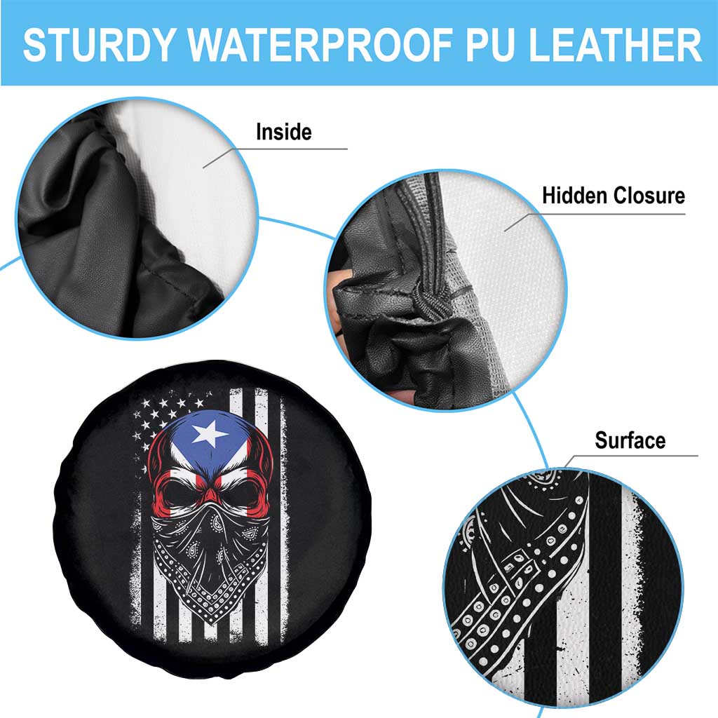 Skull Puerto Rican American Flag Spare Tire Cover With Bandana