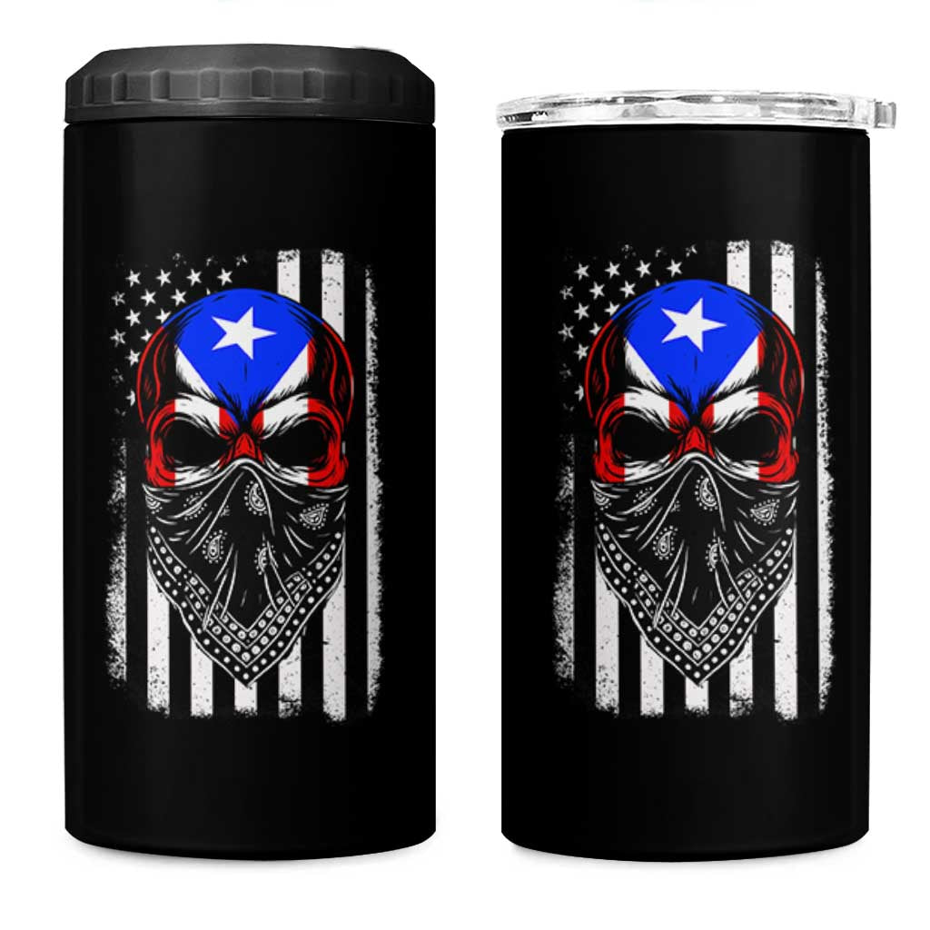 Skull Puerto Rican American Flag 4 in 1 Can Cooler Tumbler With Bandana