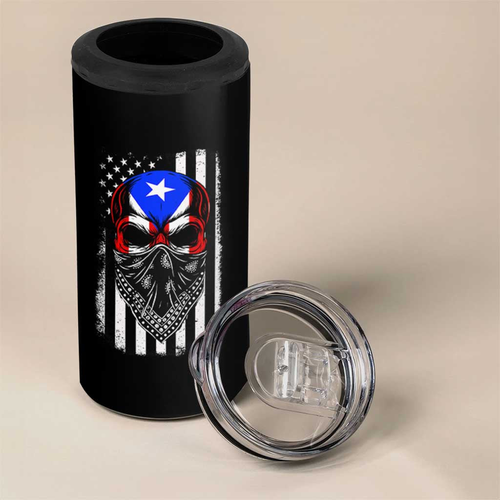 Skull Puerto Rican American Flag 4 in 1 Can Cooler Tumbler With Bandana