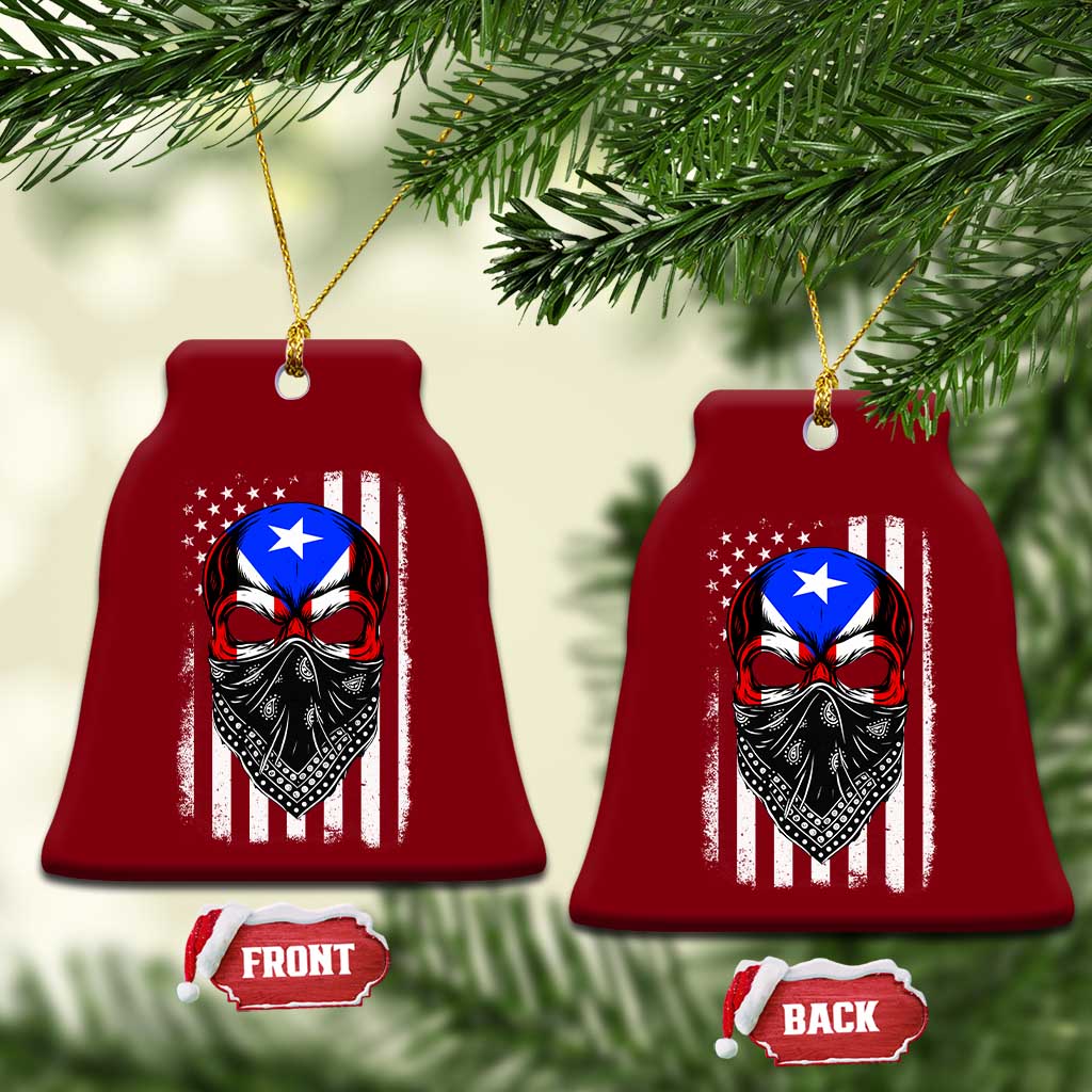 Skull Puerto Rican American Flag Ceramic Ornament With Bandana