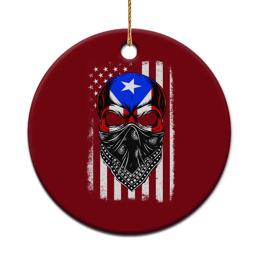 Skull Puerto Rican American Flag Ceramic Ornament With Bandana