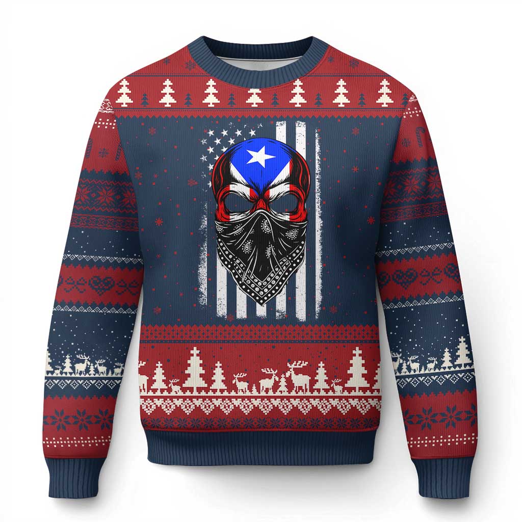 Skull Puerto Rican American Flag Ugly Christmas Sweater With Bandana