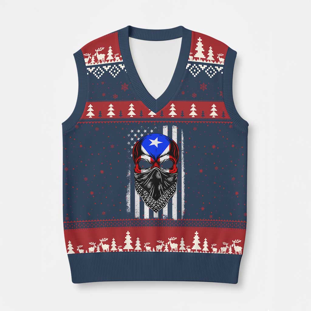 Skull Puerto Rican American Flag V-Neck Knit Sweater Vest With Bandana