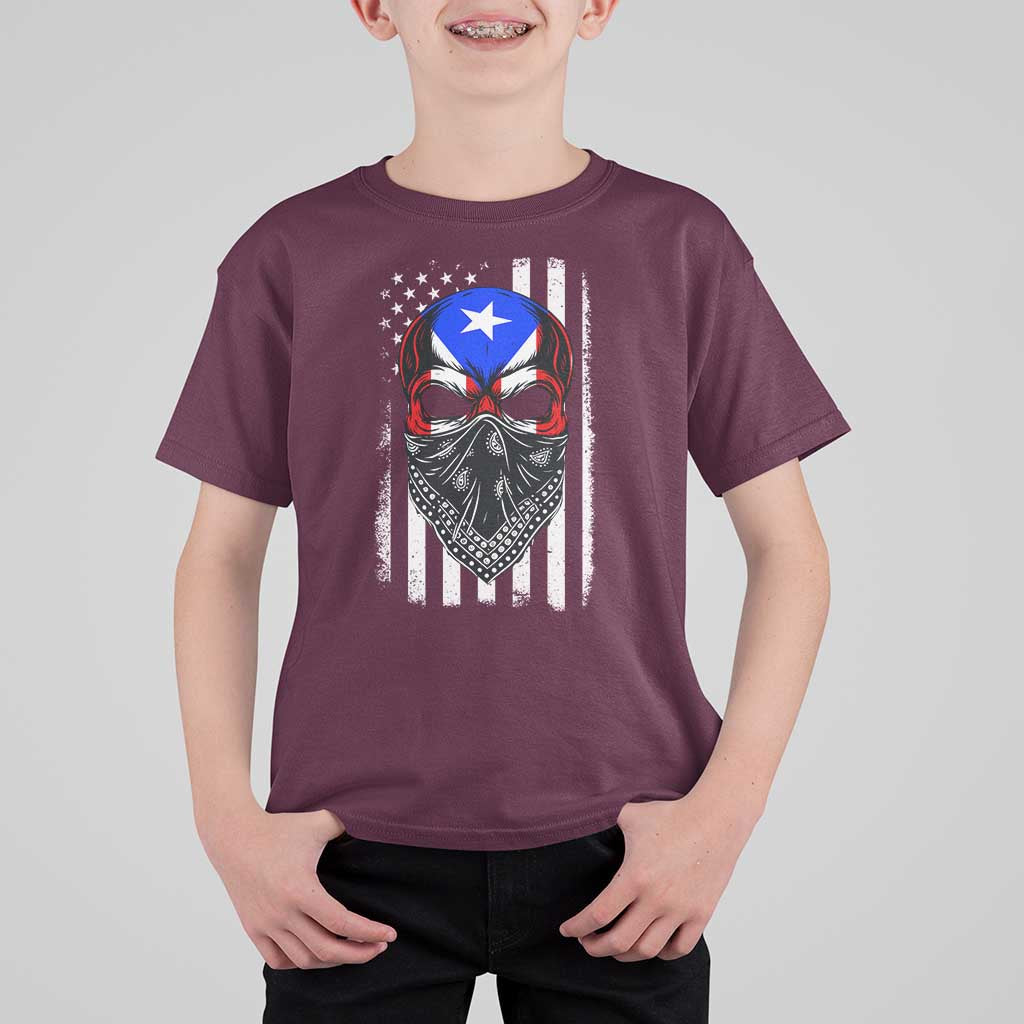 Skull Puerto Rican American Flag T Shirt For Kid With Bandana