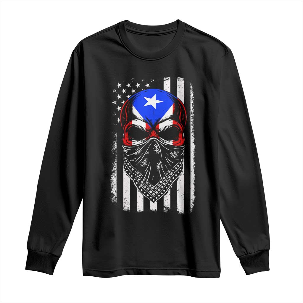 Skull Puerto Rican American Flag Long Sleeve Shirt With Bandana