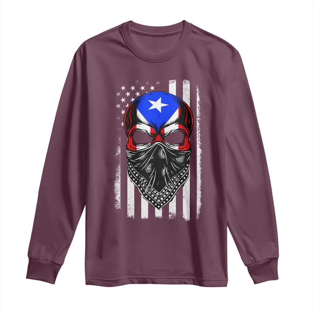 Skull Puerto Rican American Flag Long Sleeve Shirt With Bandana