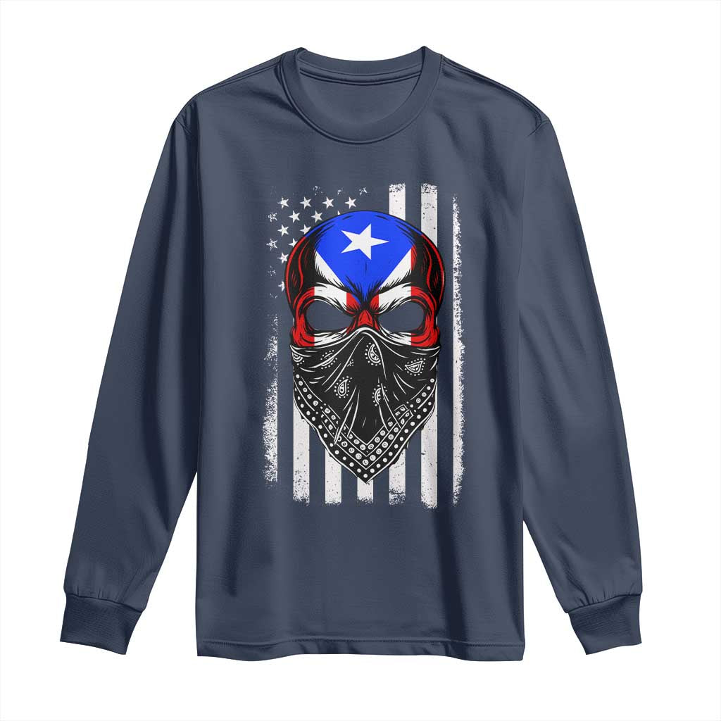 Skull Puerto Rican American Flag Long Sleeve Shirt With Bandana
