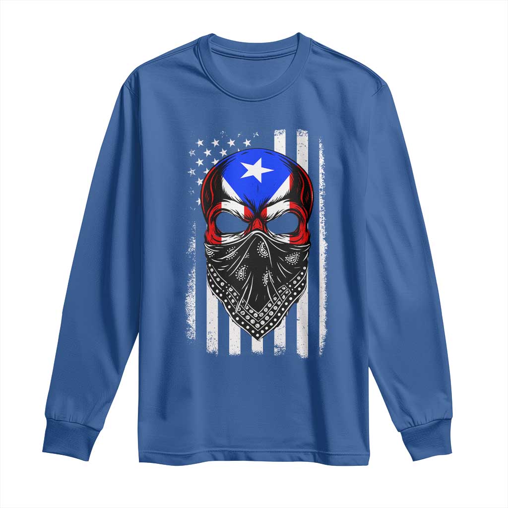 Skull Puerto Rican American Flag Long Sleeve Shirt With Bandana