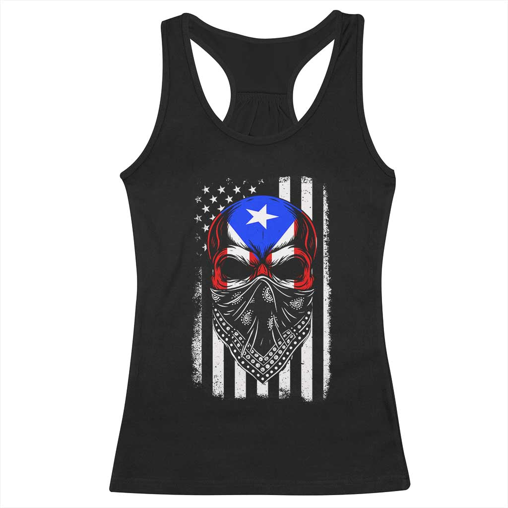 Skull Puerto Rican American Flag Racerback Tank Top With Bandana