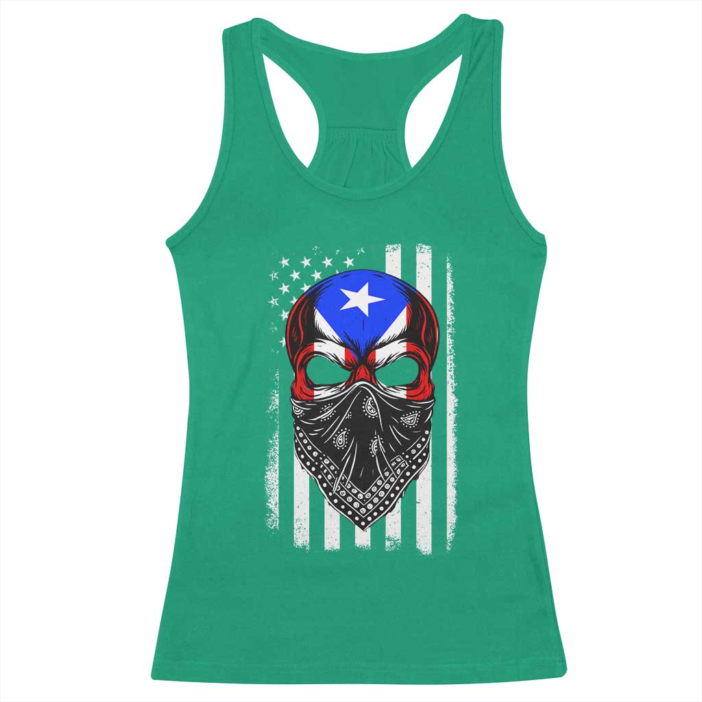 Skull Puerto Rican American Flag Racerback Tank Top With Bandana