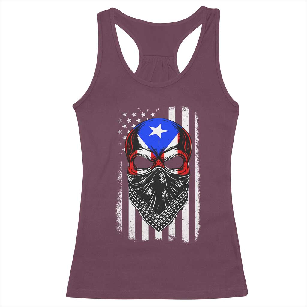 Skull Puerto Rican American Flag Racerback Tank Top With Bandana