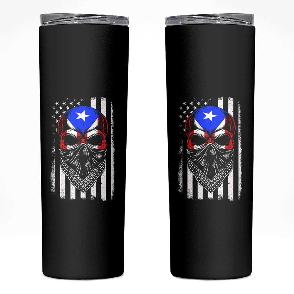 Skull Puerto Rican American Flag Skinny Tumbler With Bandana