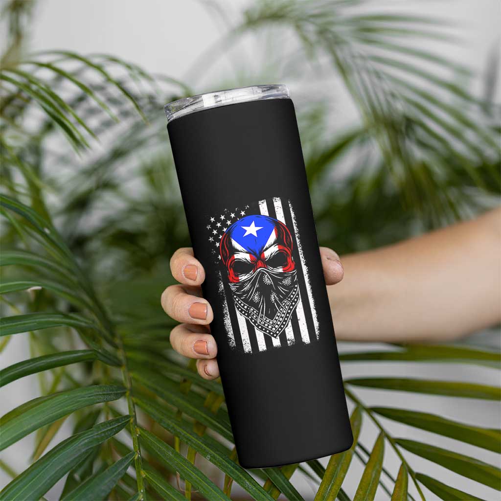 Skull Puerto Rican American Flag Skinny Tumbler With Bandana