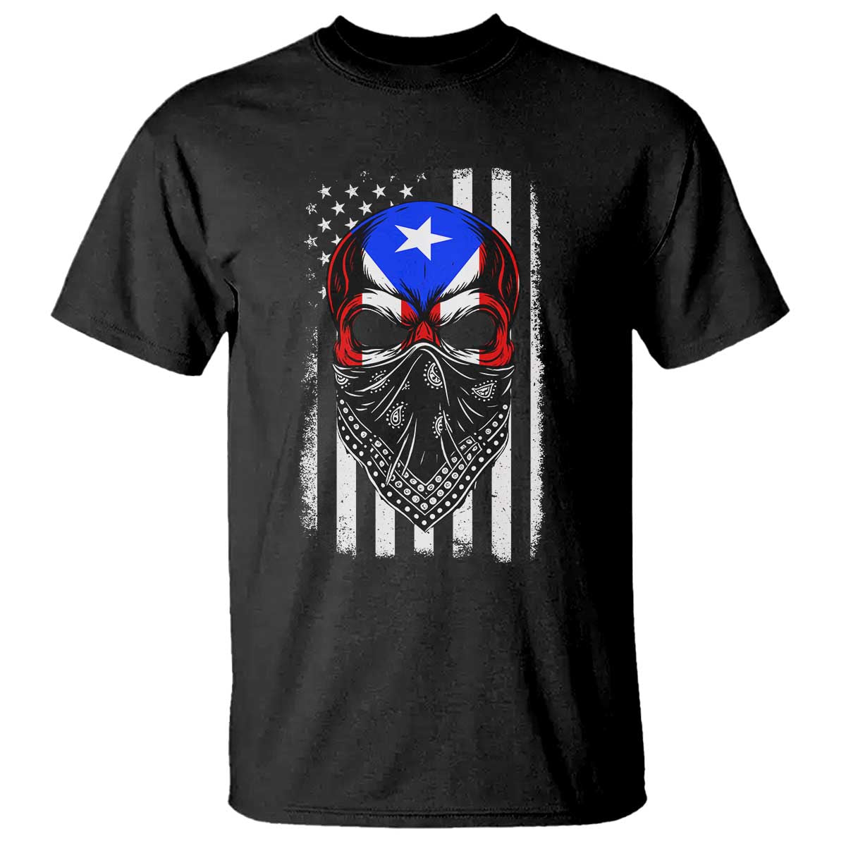 Skull Puerto Rican American Flag T Shirt With Bandana
