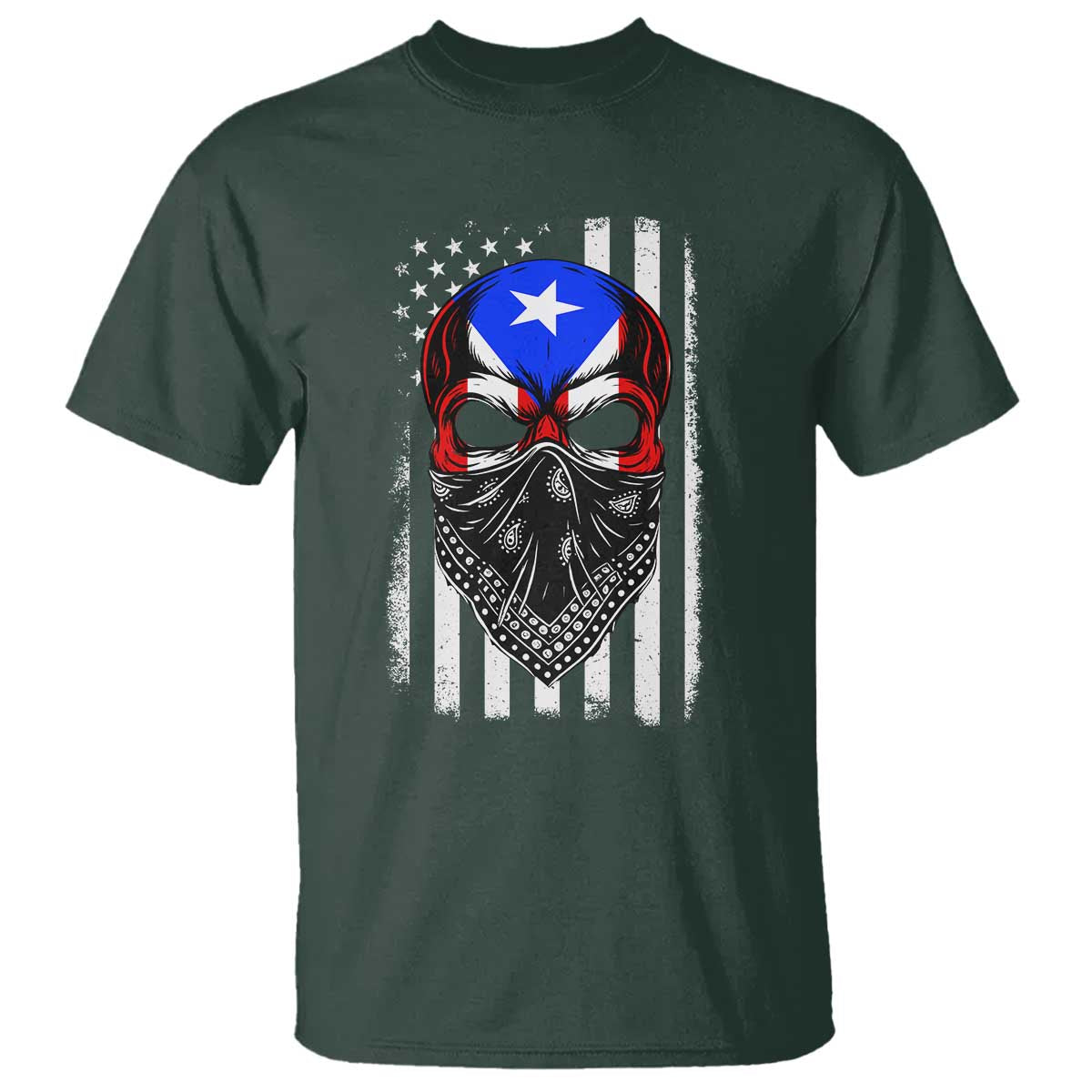 Skull Puerto Rican American Flag T Shirt With Bandana