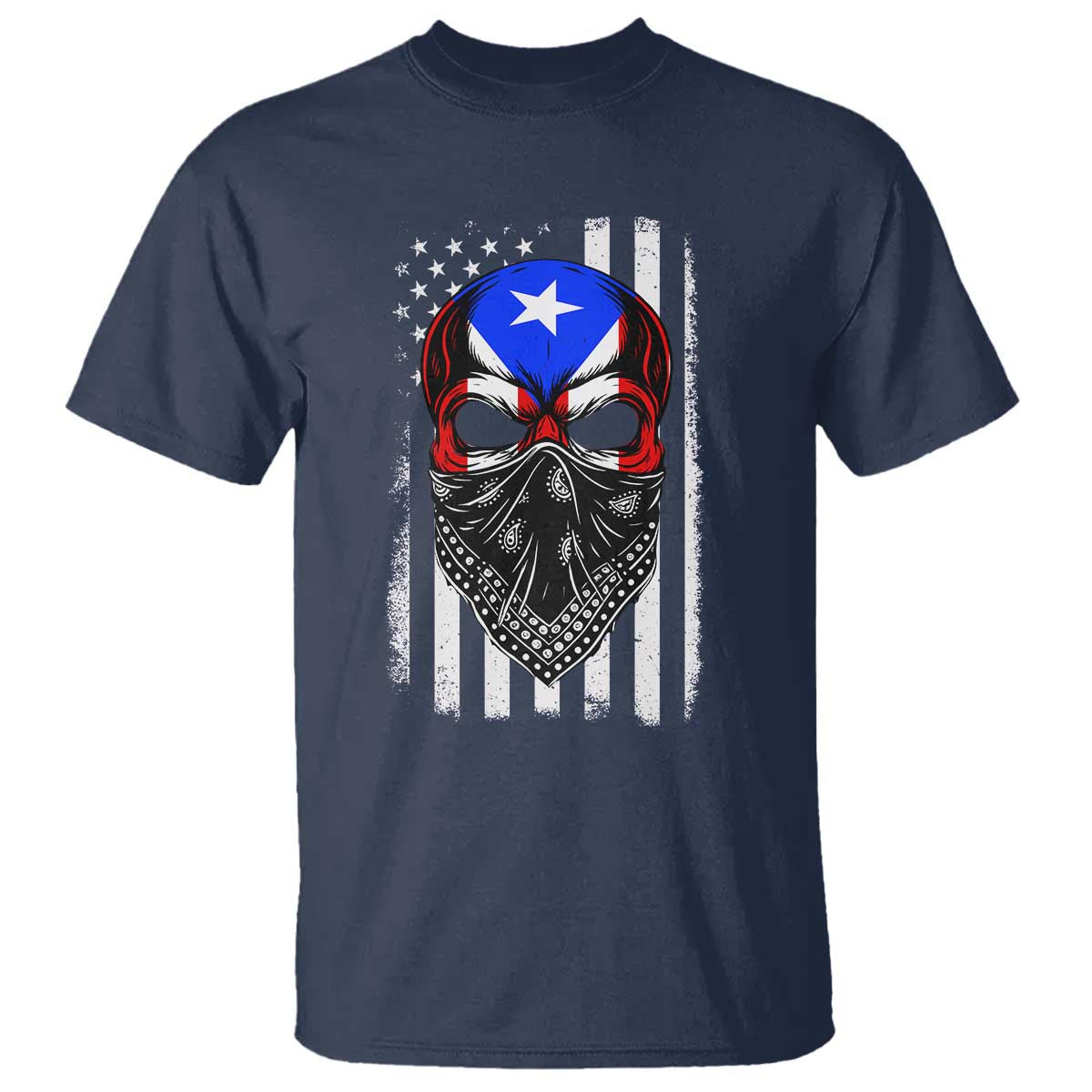 Skull Puerto Rican American Flag T Shirt With Bandana