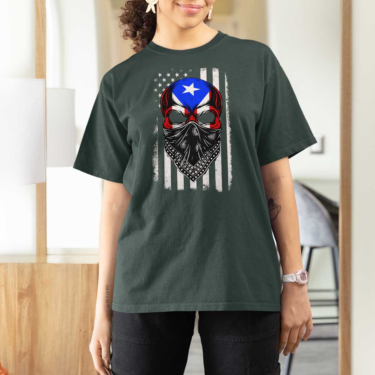 Skull Puerto Rican American Flag T Shirt For Women With Bandana