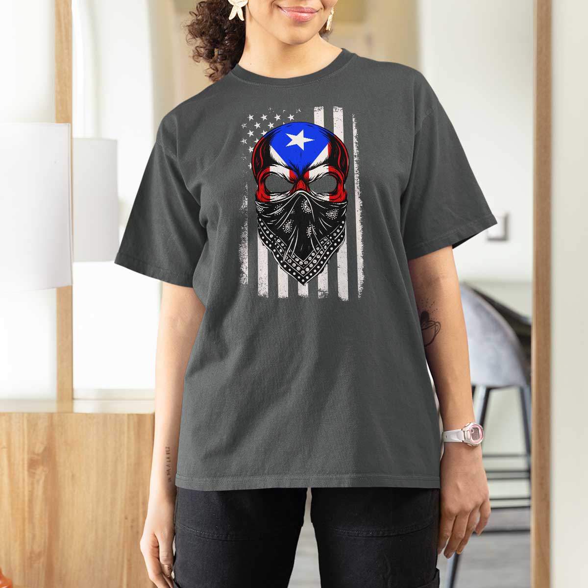 Skull Puerto Rican American Flag T Shirt For Women With Bandana