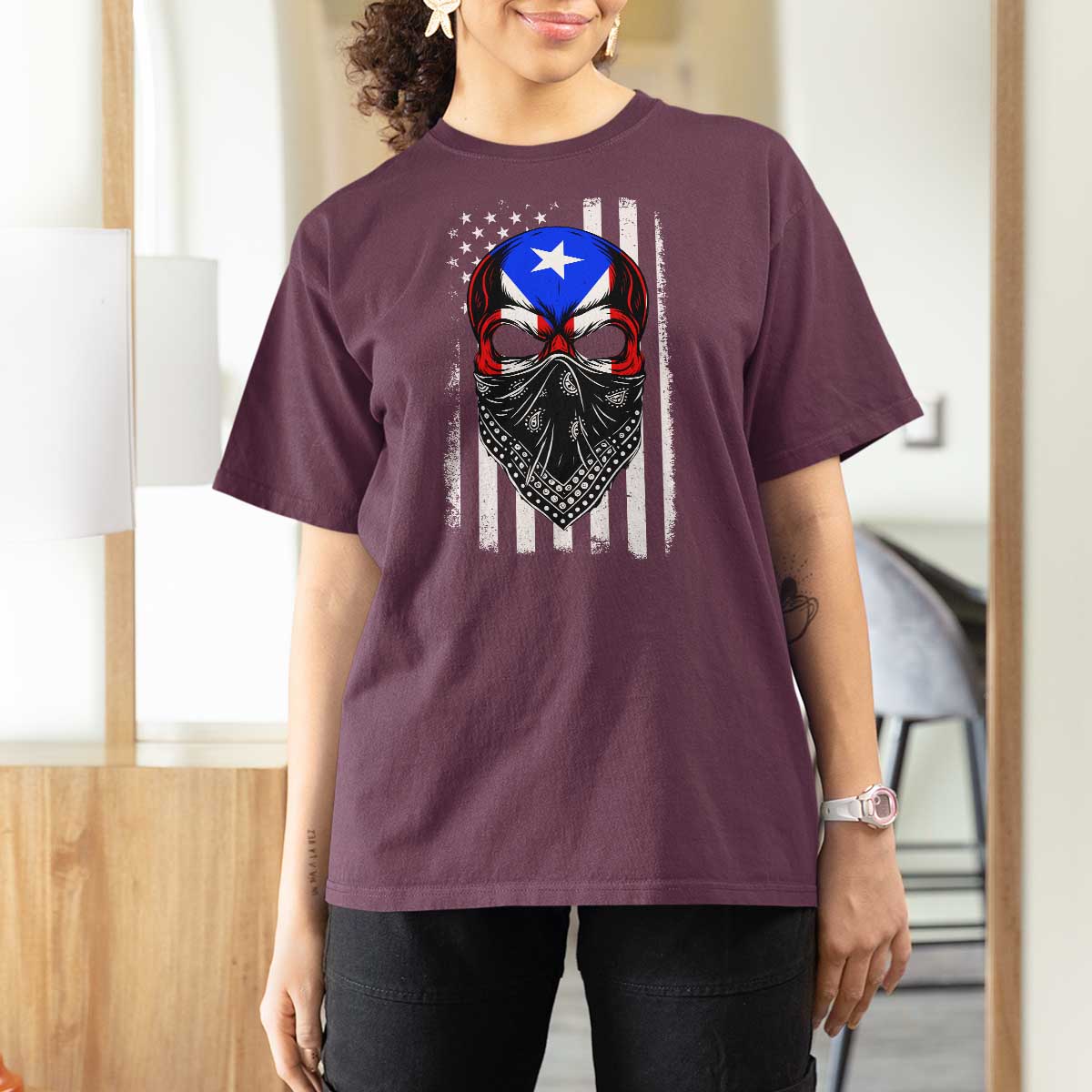Skull Puerto Rican American Flag T Shirt For Women With Bandana