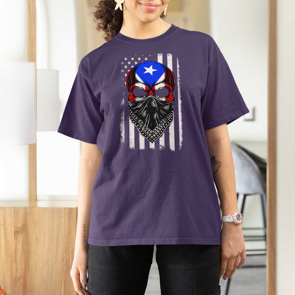 Skull Puerto Rican American Flag T Shirt For Women With Bandana