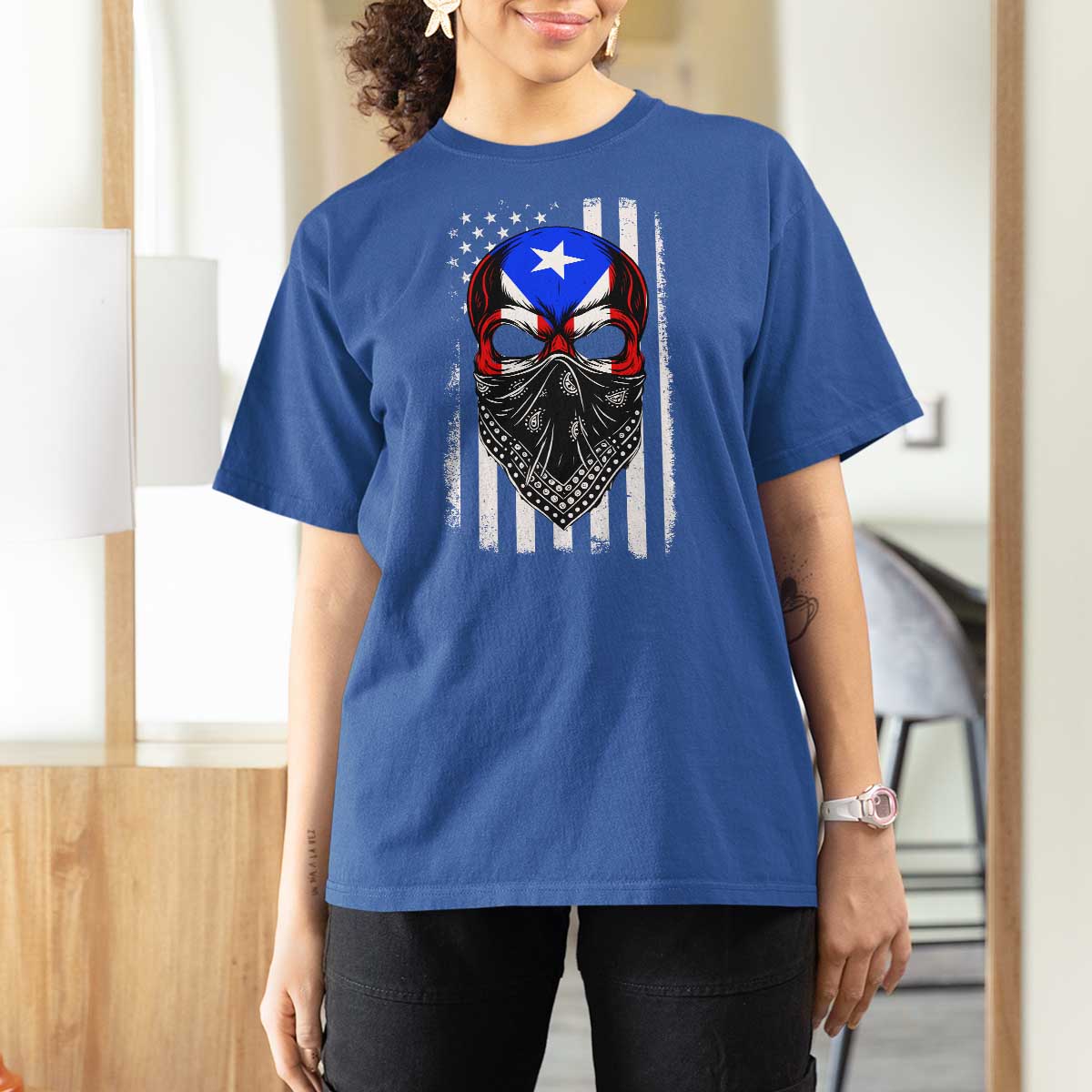 Skull Puerto Rican American Flag T Shirt For Women With Bandana