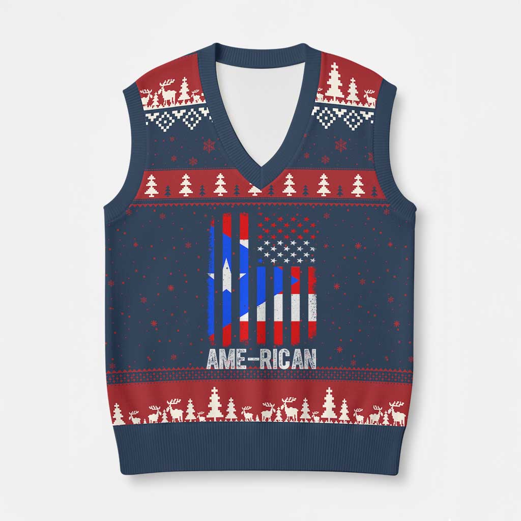 Puerto Rican American Flag V-Neck Knit Sweater Vest AME-RICAN Boricua Pride