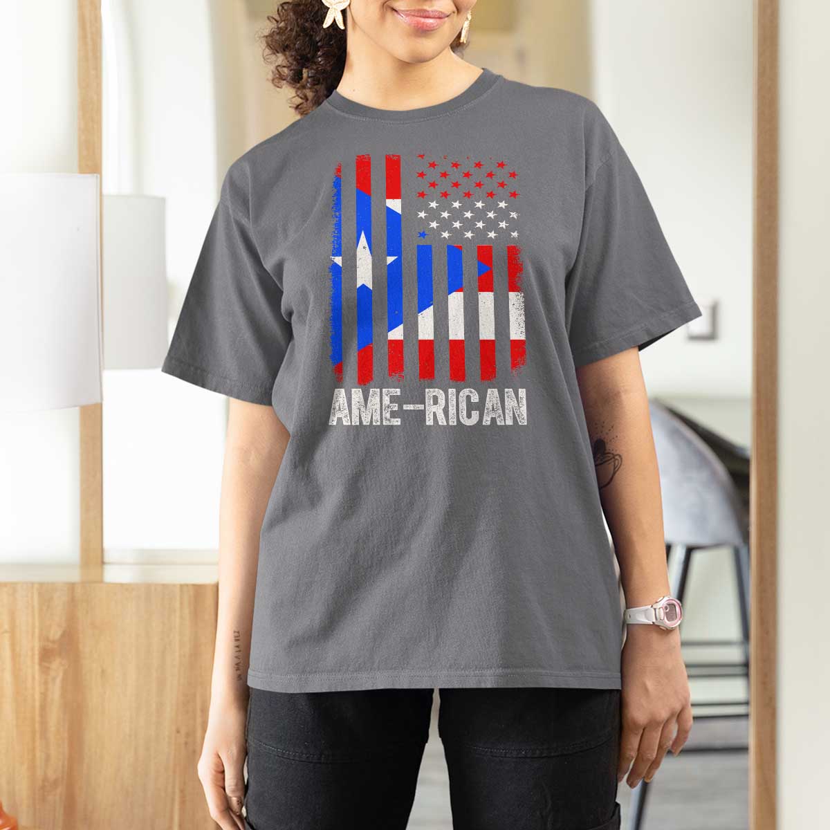 Puerto Rican American Flag T Shirt For Women AME-RICAN Boricua Pride