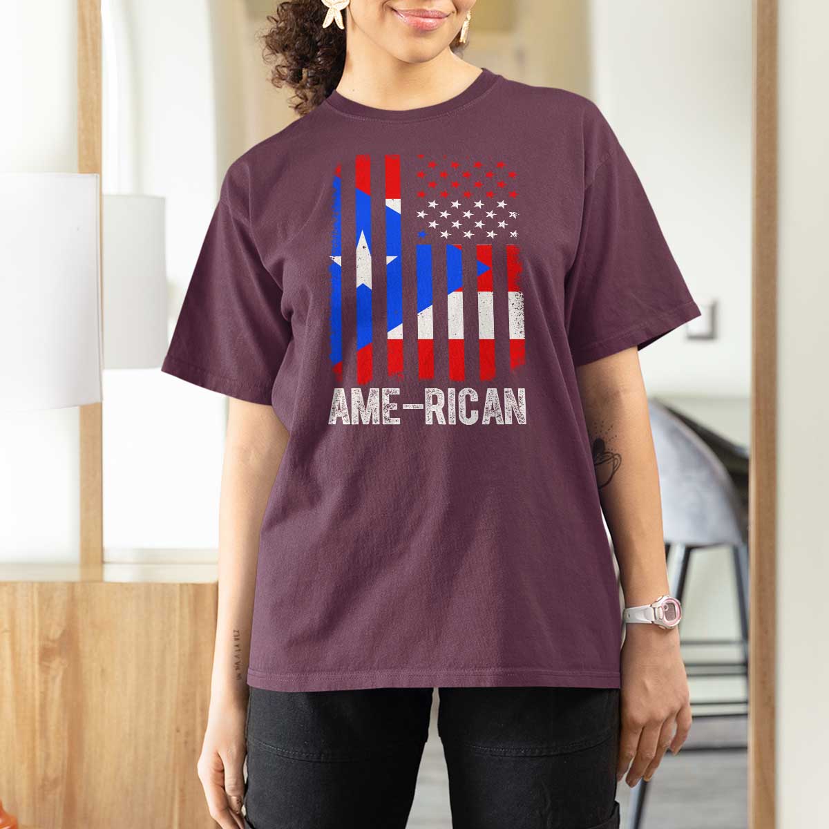 Puerto Rican American Flag T Shirt For Women AME-RICAN Boricua Pride