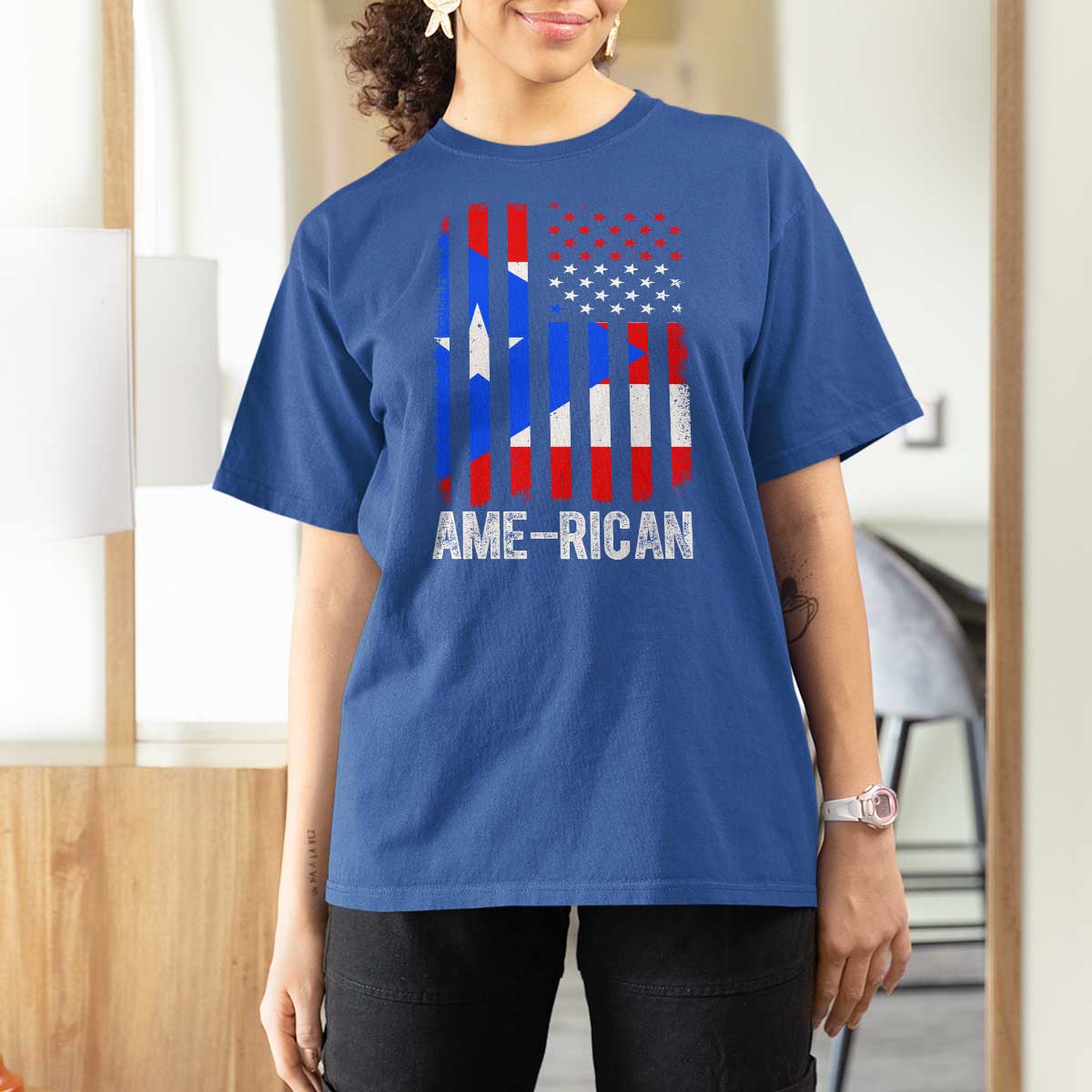 Puerto Rican American Flag T Shirt For Women AME-RICAN Boricua Pride