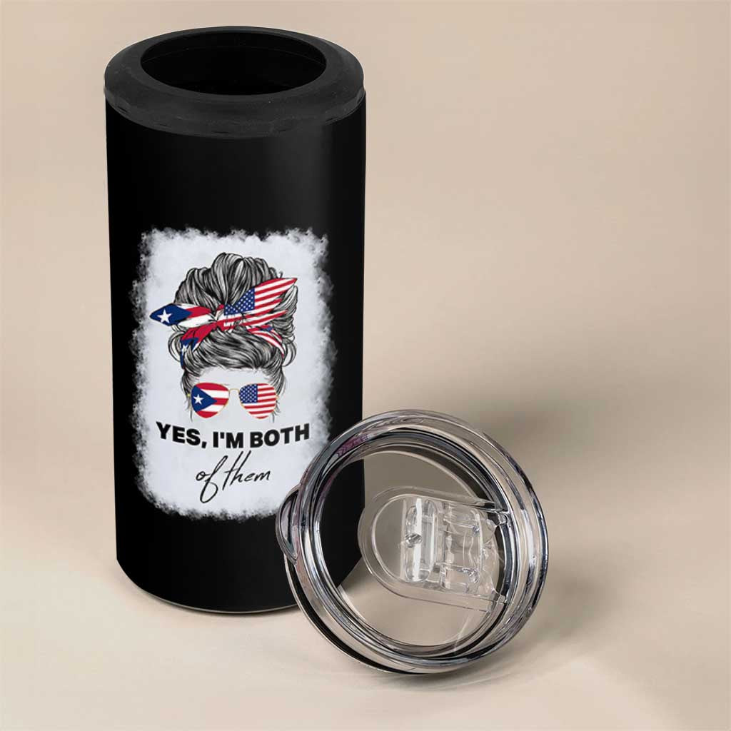 Yes I’m Both Puerto Rican American 4 in 1 Can Cooler Tumbler Messy Bun Boricua Woman Pride