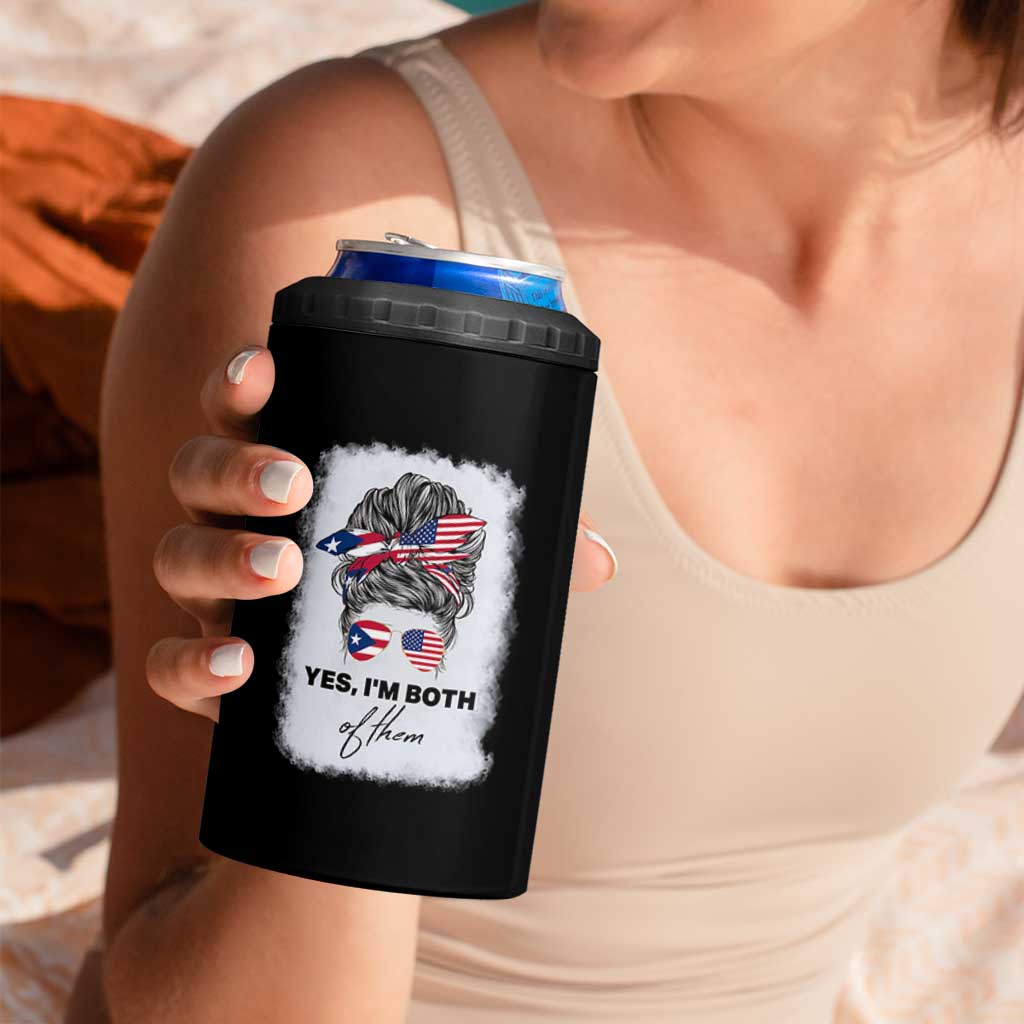 Yes I’m Both Puerto Rican American 4 in 1 Can Cooler Tumbler Messy Bun Boricua Woman Pride