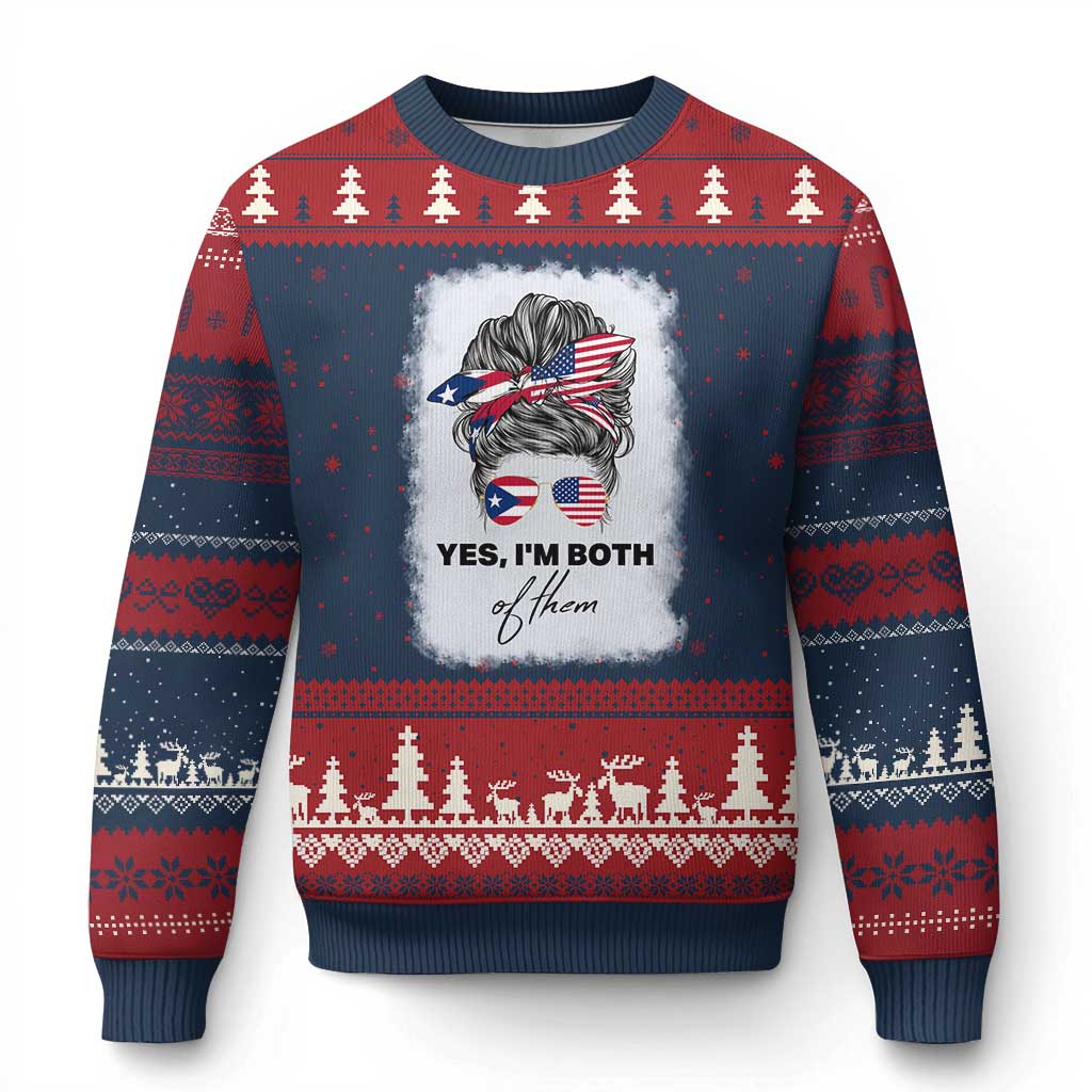 Yes I’m Both Puerto Rican American Ugly Christmas Sweater Messy Bun Boricua Woman Pride