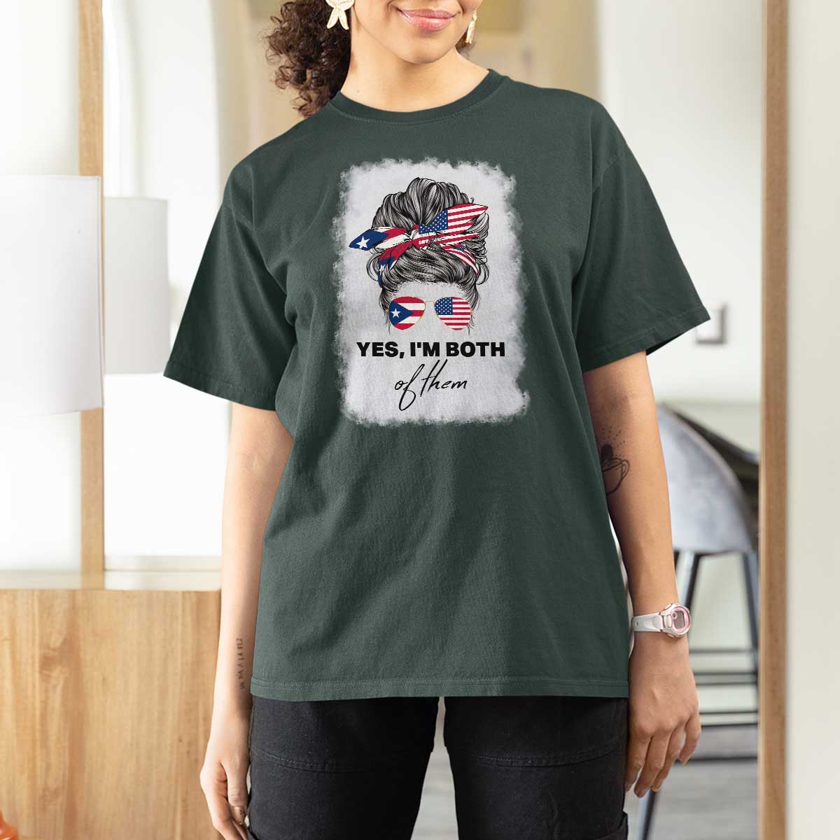 Yes I’m Both Puerto Rican American T Shirt For Women Messy Bun Boricua Woman Pride