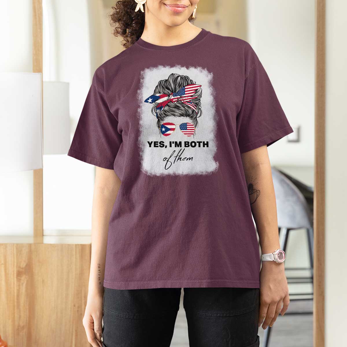 Yes I’m Both Puerto Rican American T Shirt For Women Messy Bun Boricua Woman Pride