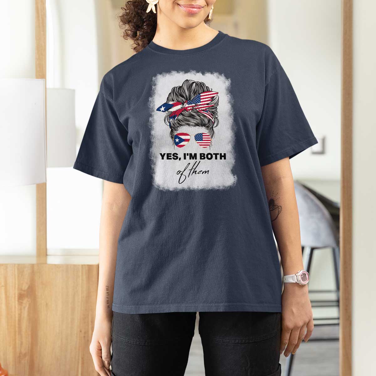 Yes I’m Both Puerto Rican American T Shirt For Women Messy Bun Boricua Woman Pride