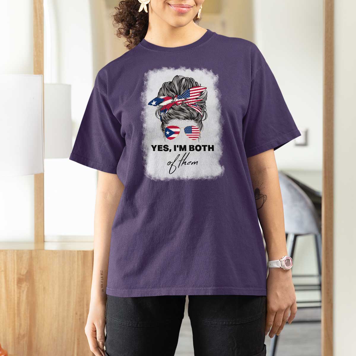 Yes I’m Both Puerto Rican American T Shirt For Women Messy Bun Boricua Woman Pride