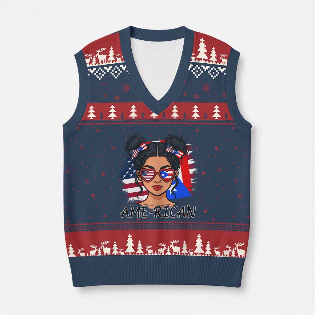 Puerto Rican American Girl V-Neck Knit Sweater Vest AME-RICAN Boricua Pride