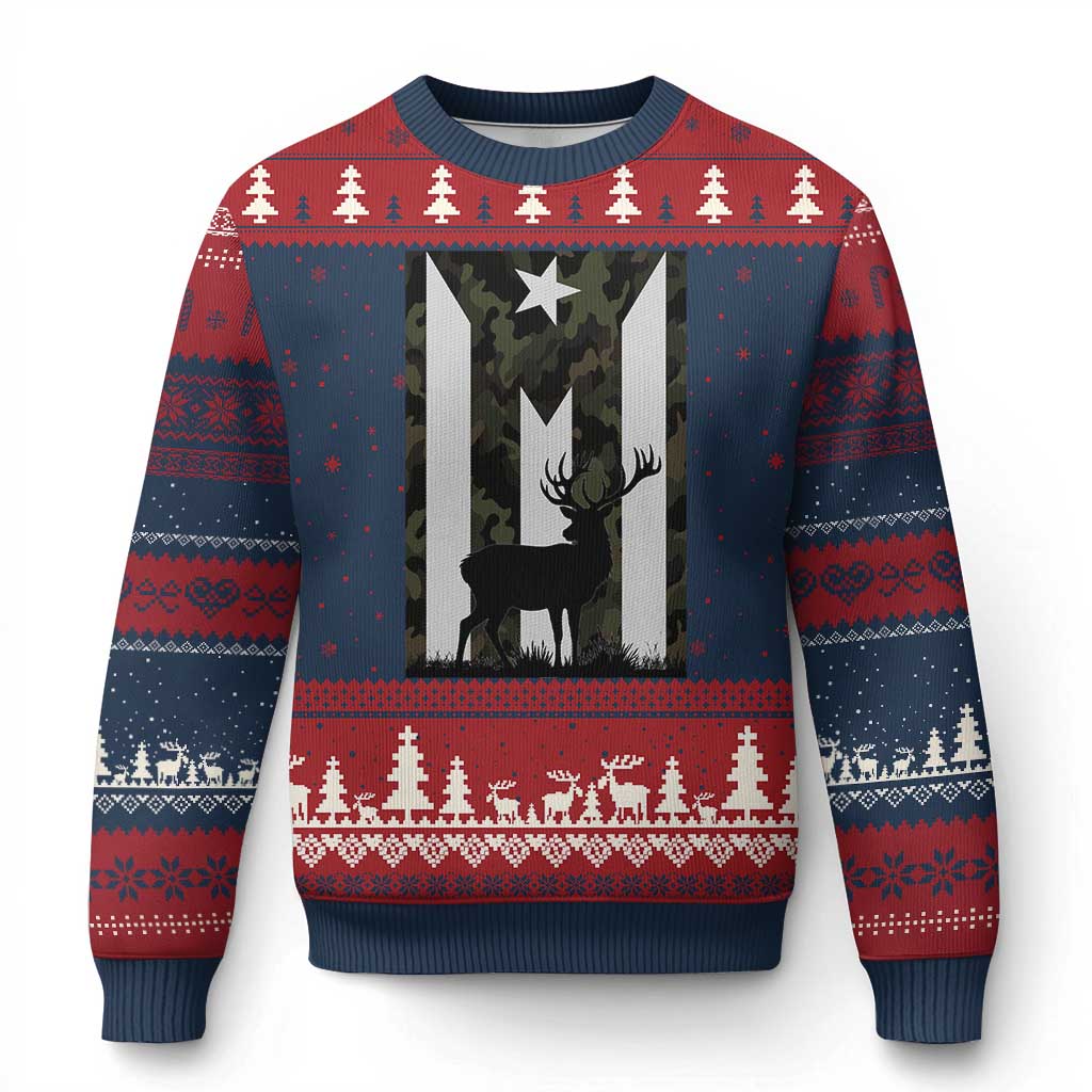 Deer Hunting Camo Puerto Rican Flag Ugly Christmas Sweater Boricua Hunters