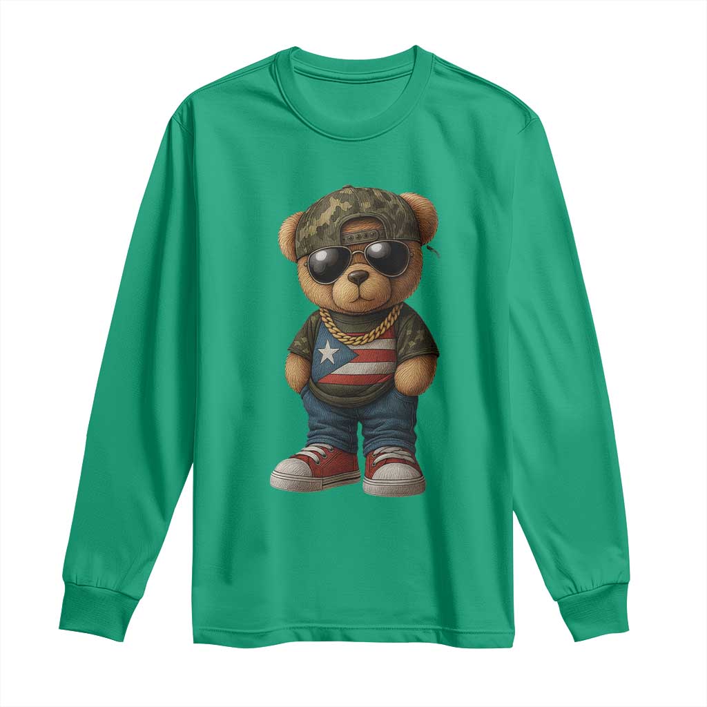 Camo Teddy Bear Puerto Rico Flag Long Sleeve Shirt Camouflage Rican Boricua - Wonder Print Shop