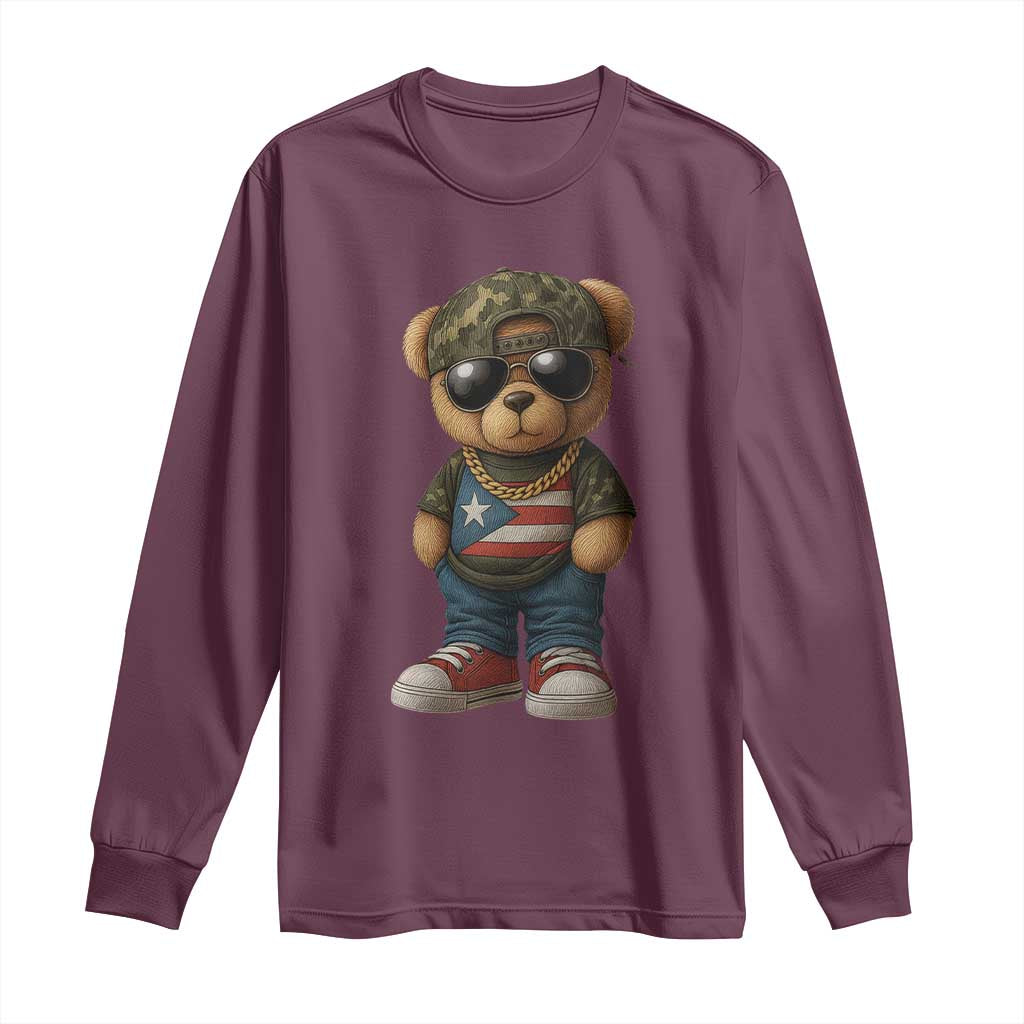 Camo Teddy Bear Puerto Rico Flag Long Sleeve Shirt Camouflage Rican Boricua - Wonder Print Shop