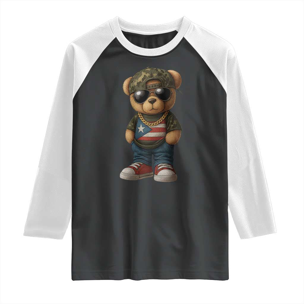Camo Teddy Bear Puerto Rico Flag Raglan Shirt Camouflage Rican Boricua - Wonder Print Shop