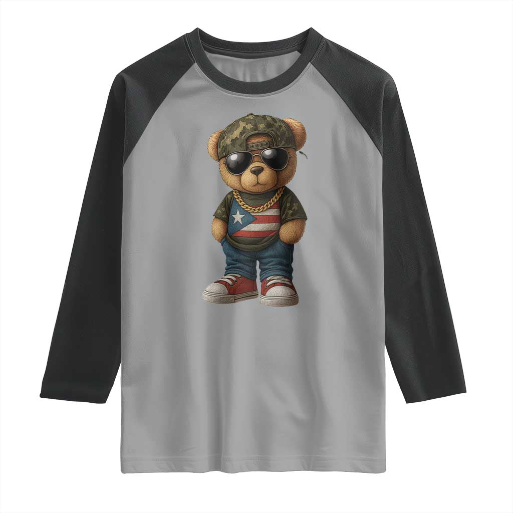 Camo Teddy Bear Puerto Rico Flag Raglan Shirt Camouflage Rican Boricua - Wonder Print Shop